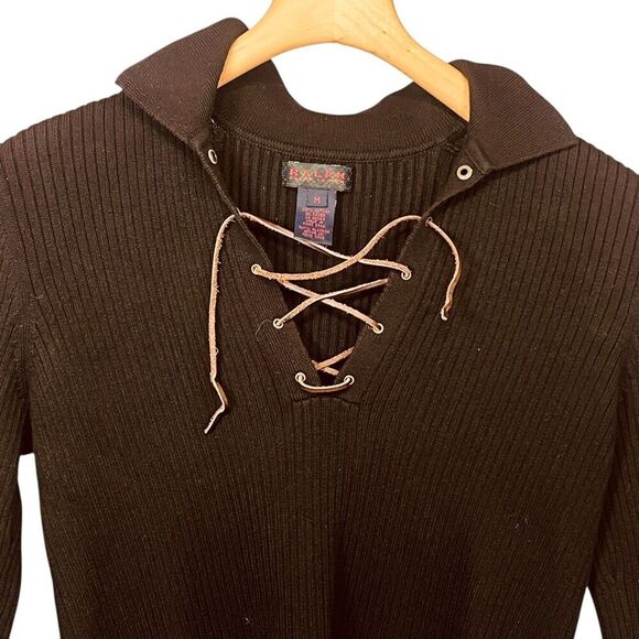 Ralph Ralph Lauren Ribbed V Neck Long Sleeve Sweater with Lace Up Detail - Picture 2 of 11